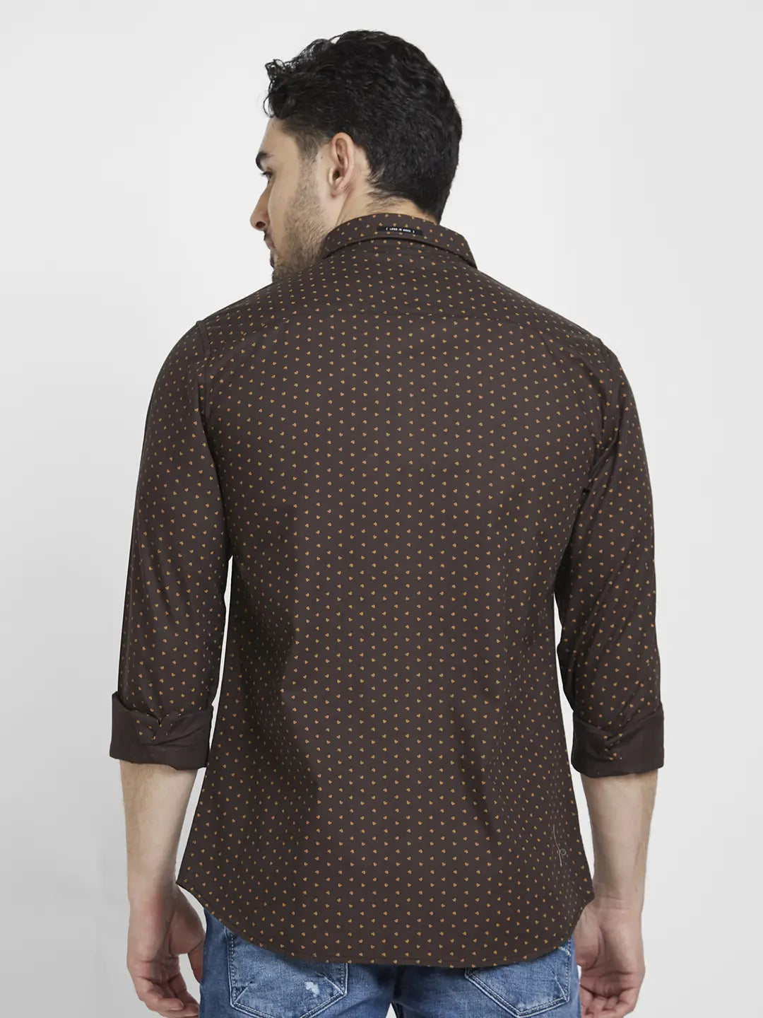 Spykar Men Coffee Brown Cotton Regular Slim Fit Full Sleeve Printed Shirt