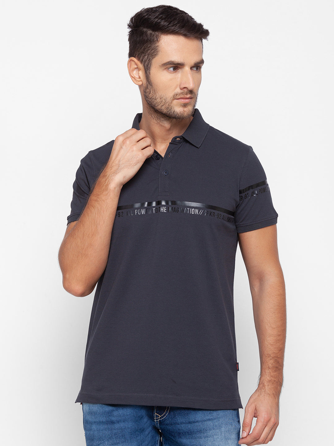 Spykar Men Grey Cotton Slim Fit Polo T-Shirt