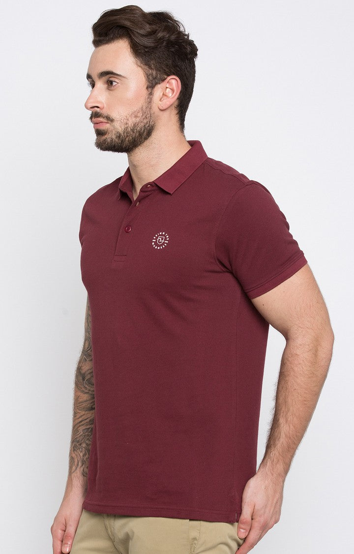 Spykar Wine Solid Slim Fit Polo T-Shirt