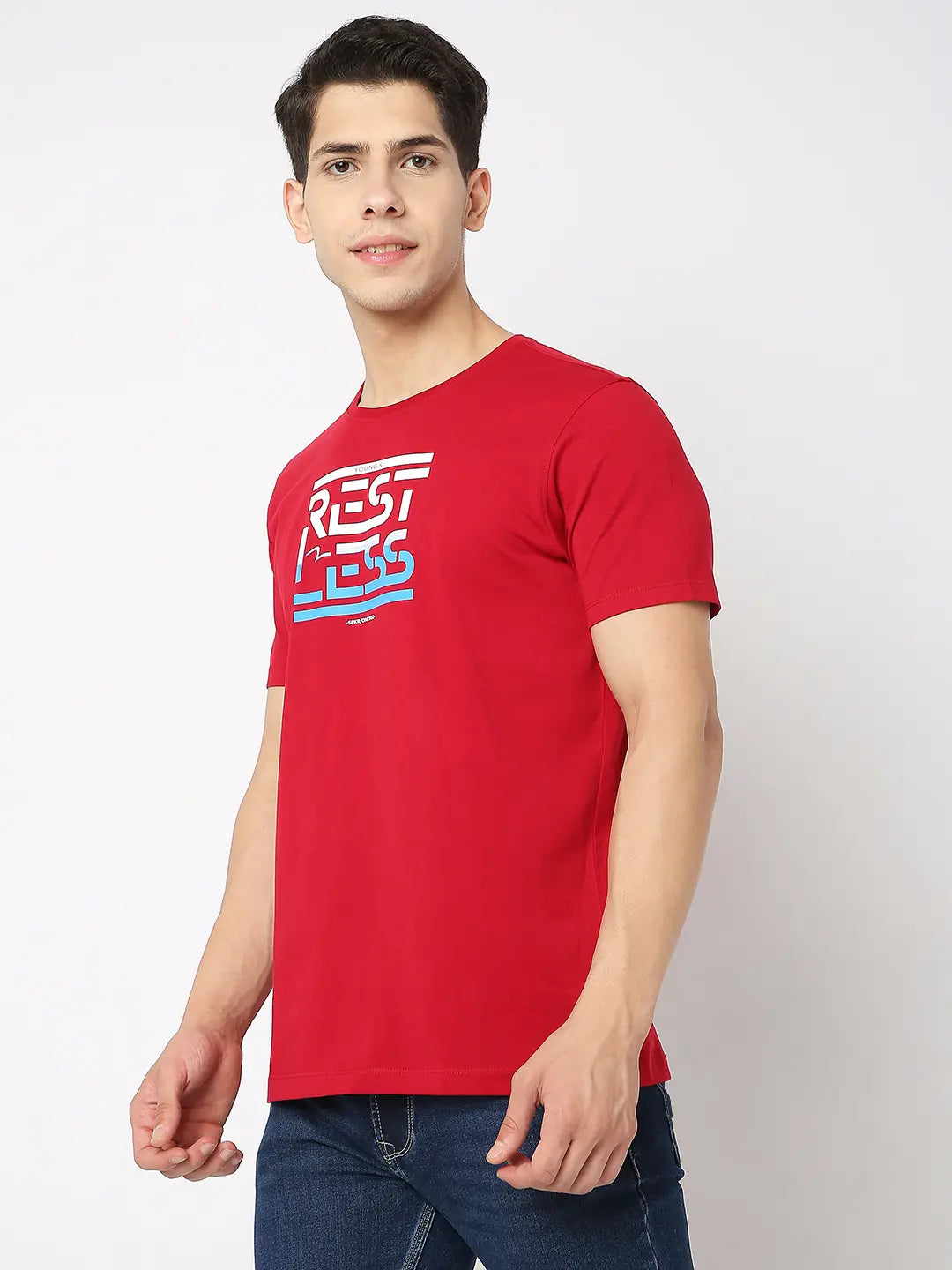 Spykar Men Deep Red Cotton Regular Fit Printed Round Neck Tshirt