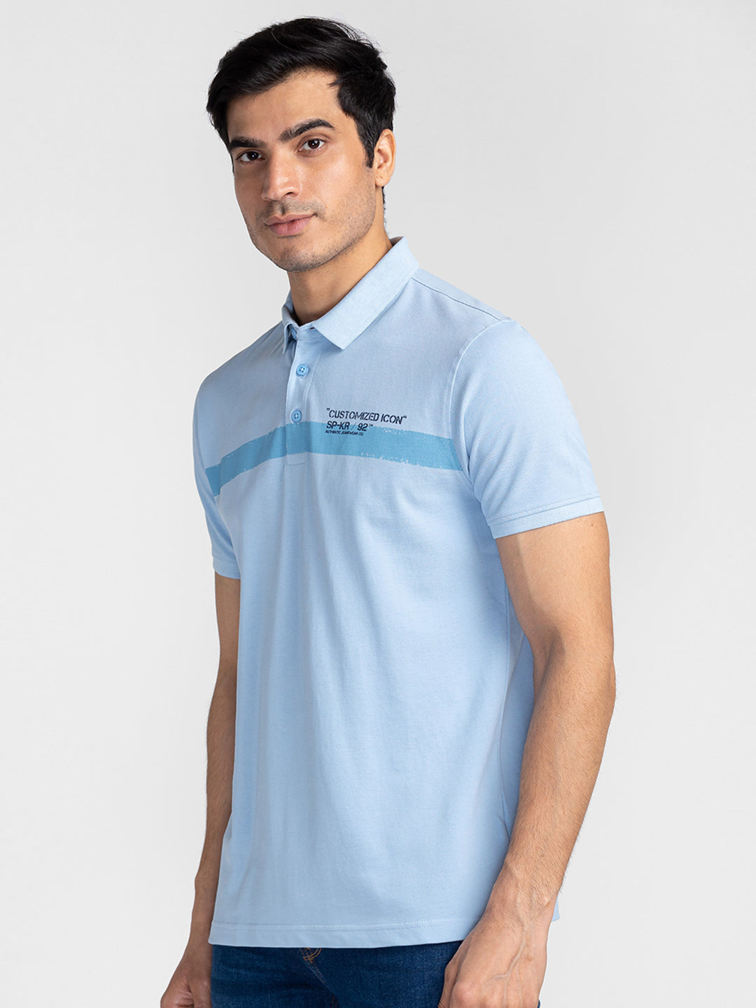 Spykar Men Sky Blue Cotton Slim Fit Polo Printed T-Shirt