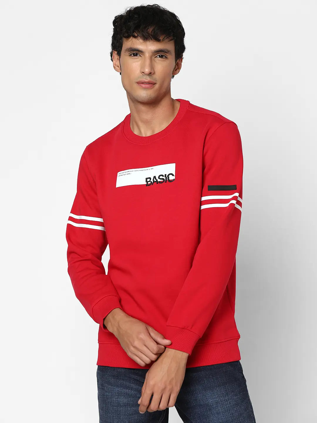 Spykar Men True Red Blended Slim Fit Full Sleeve Round Neck Printed Casual Sweatshirt