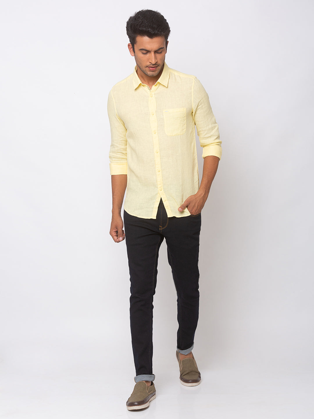 Spykar Men Yellow Cotton Slim Fit Shirt