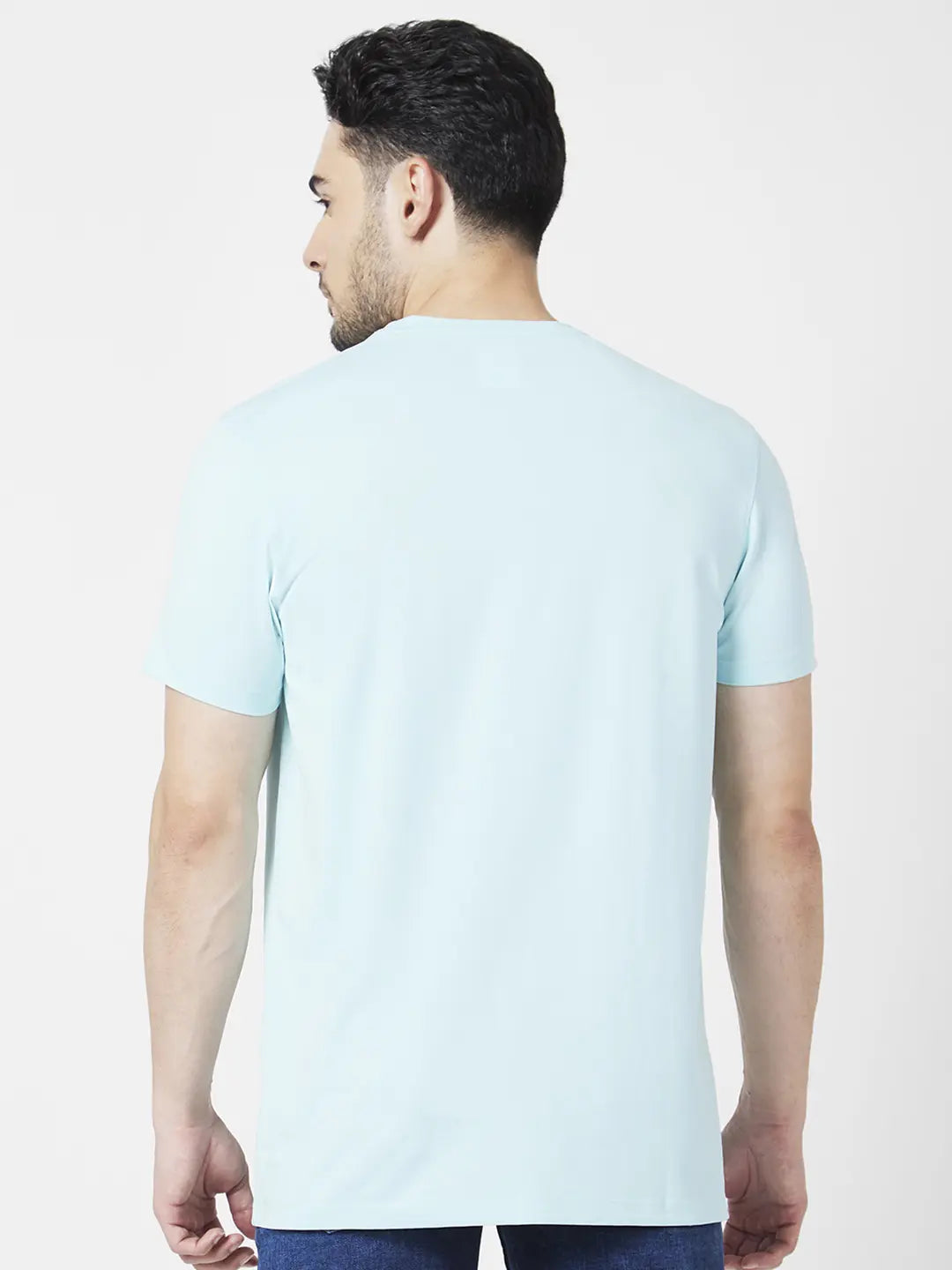 Spykar Men Bleached Aqua Blended Slim Fit Half Sleeve Round Neck Printed Tshirt