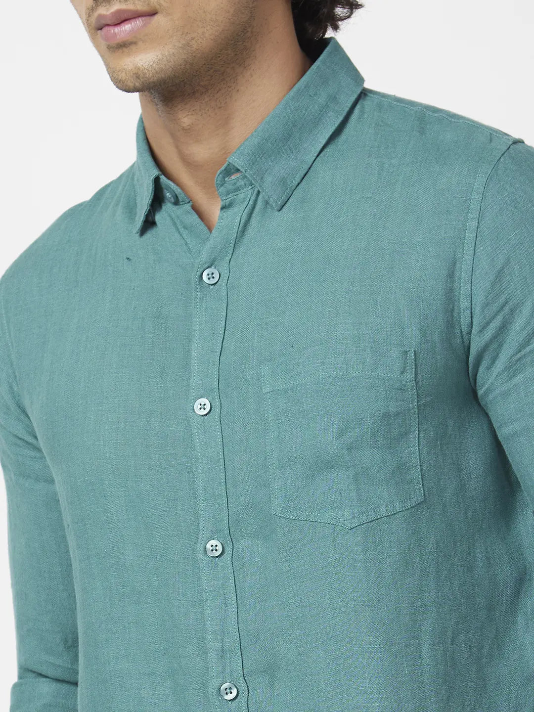 Spykar Men Atlantic Green Linen Regular Slim Fit Full Sleeve Plain Shirt
