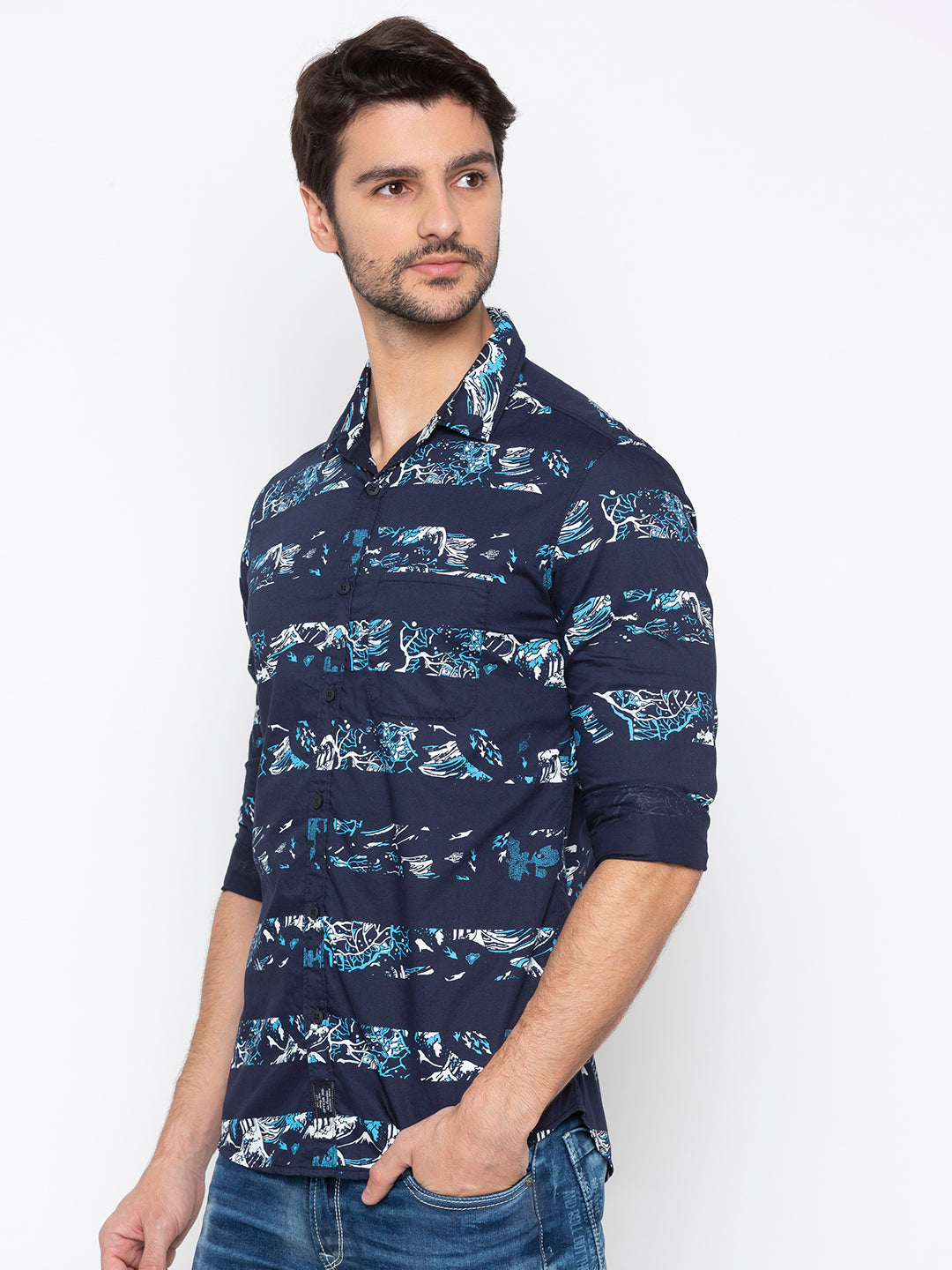 Spykar Men Navy Printed Slim Fit Casual Shirt