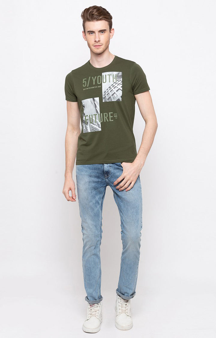 Spykar Olive Printed Slim Fit Men T-Shirts