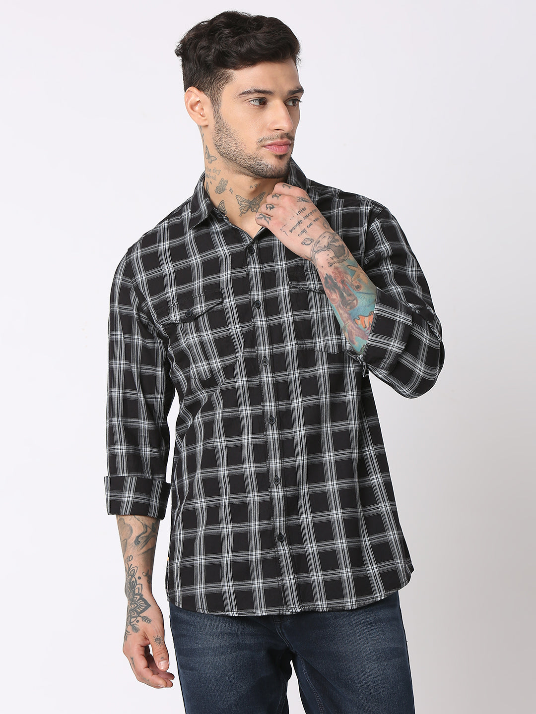 Spykar Men Black Cotton Regular Fit Checkered Shirts