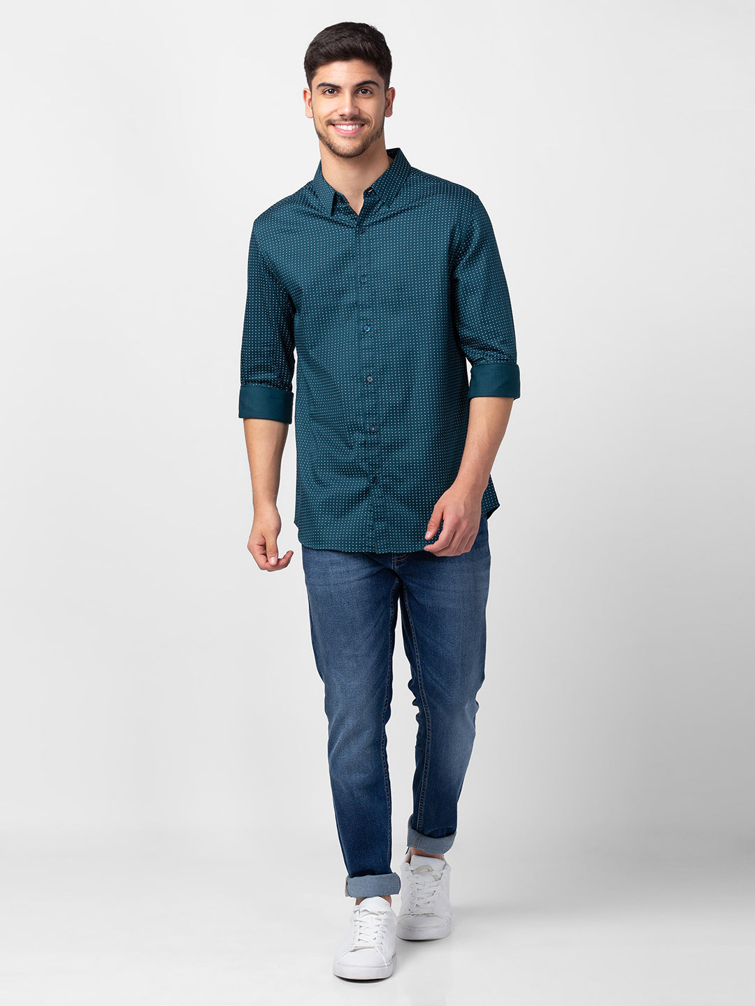 Spykar Men Teal Green Cotton Slim Fit Printed Shirt