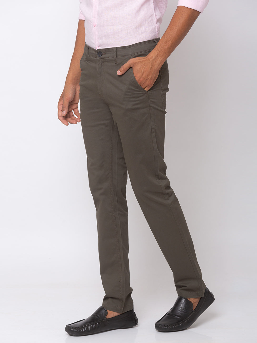 Spykar Men Olive Cotton Slim Fit Trousers