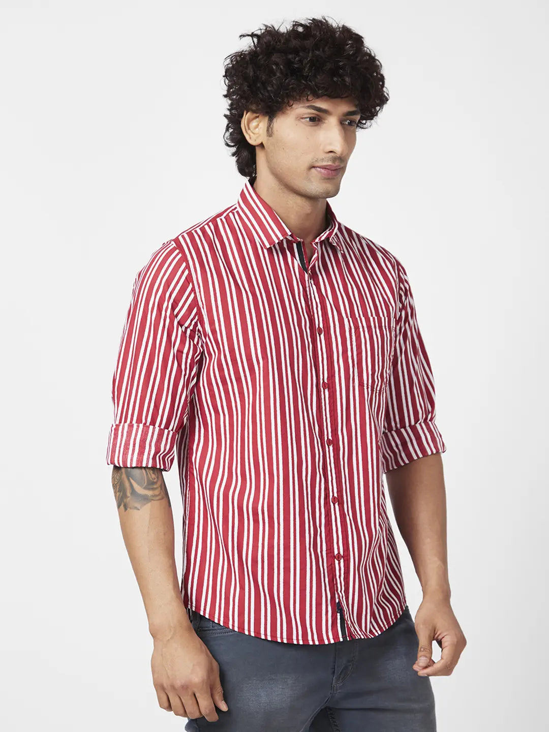 Spykar Men Brick Red Poplin Regular Slim Fit Full Sleeve Casual Striped Shirt