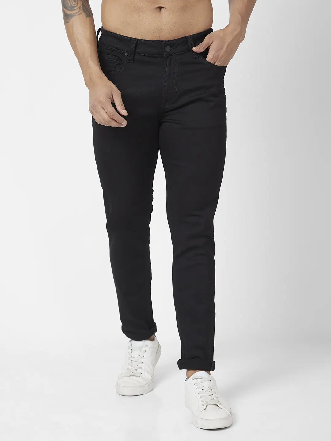 Spykar Men Black Cotton Stretch Super Slim Fit Tapered Length Clean Look Low Rise Jeans (Super Skinny)