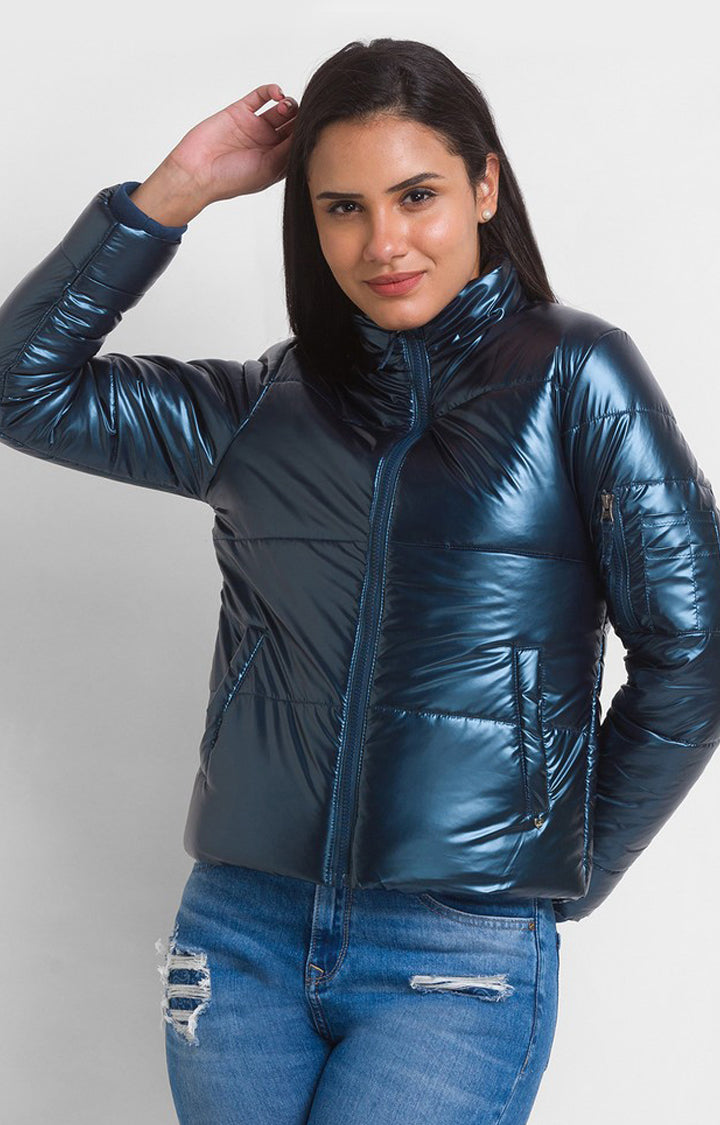 Spykar Metallic Blue Nylon Full Sleeve Casual Jacket For Women -  wjk02bbhw003metallicblue