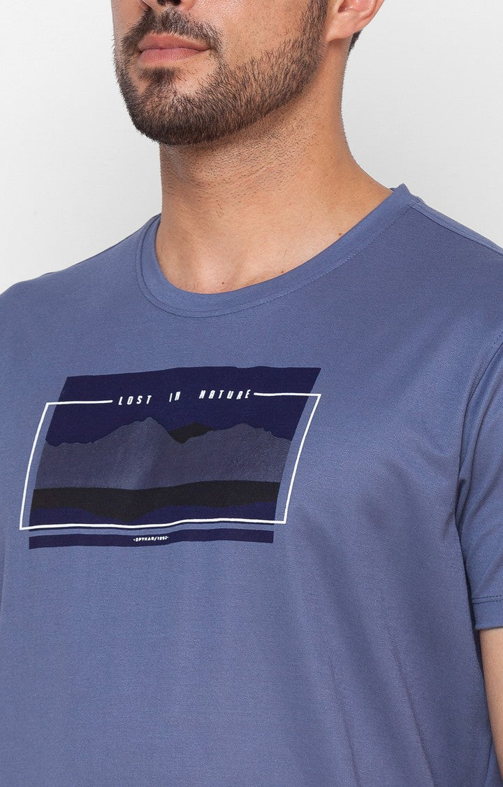 Spykar Smoke Blue Cotton Half Sleeve Printed Casual T-Shirt For Men