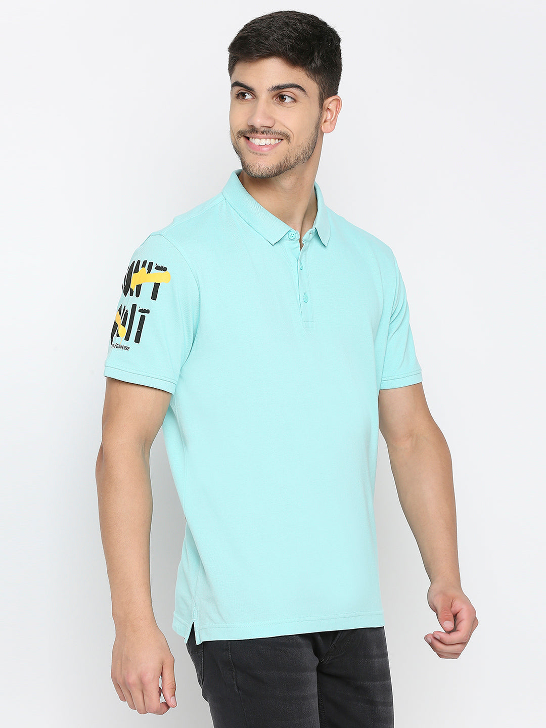 Spykar Bleached Aqua Cotton Half Sleeve Plain Polo T-Shirt For Men