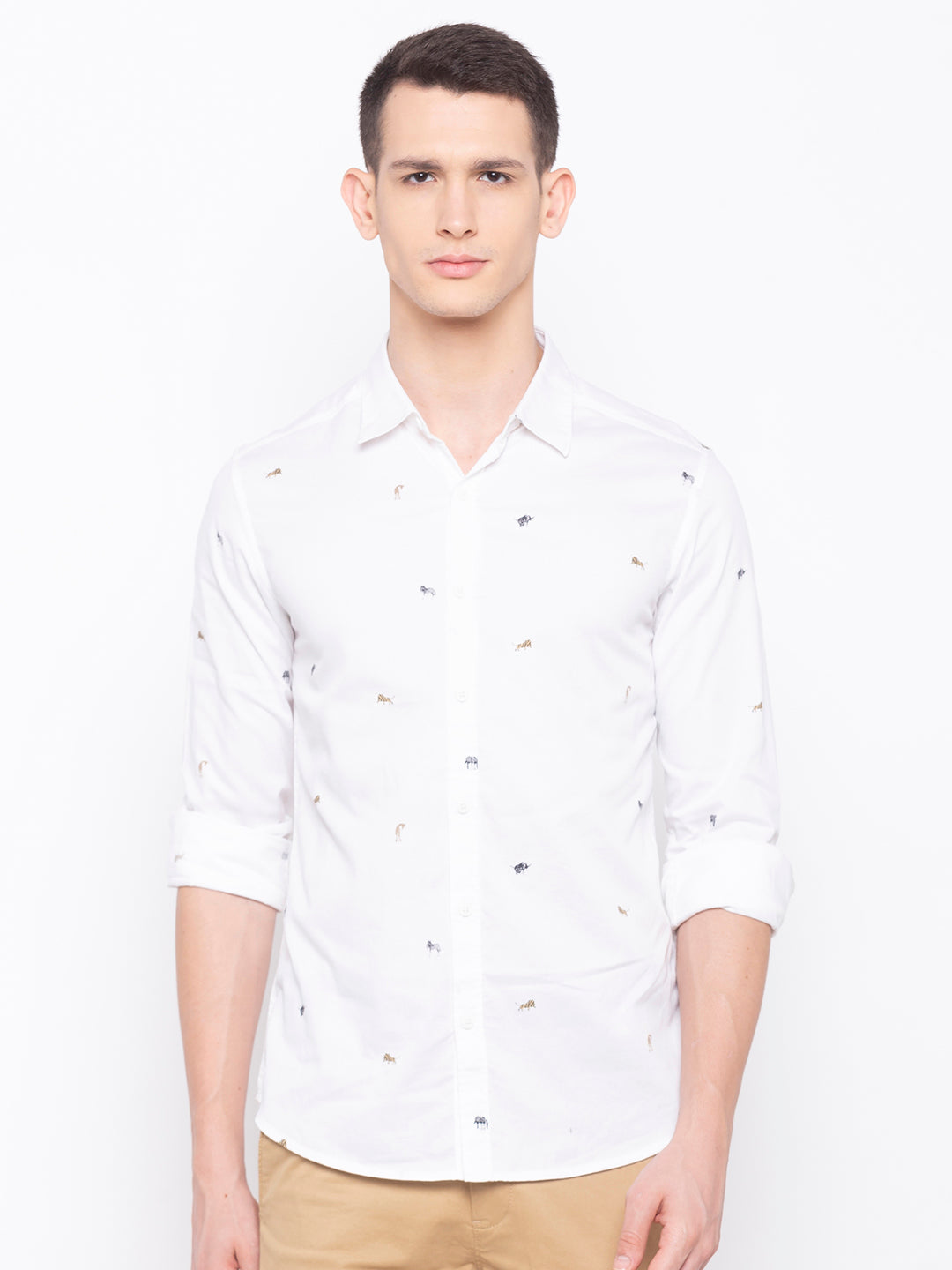 Spykar Men White Printed Slim Fit Casual Shirt