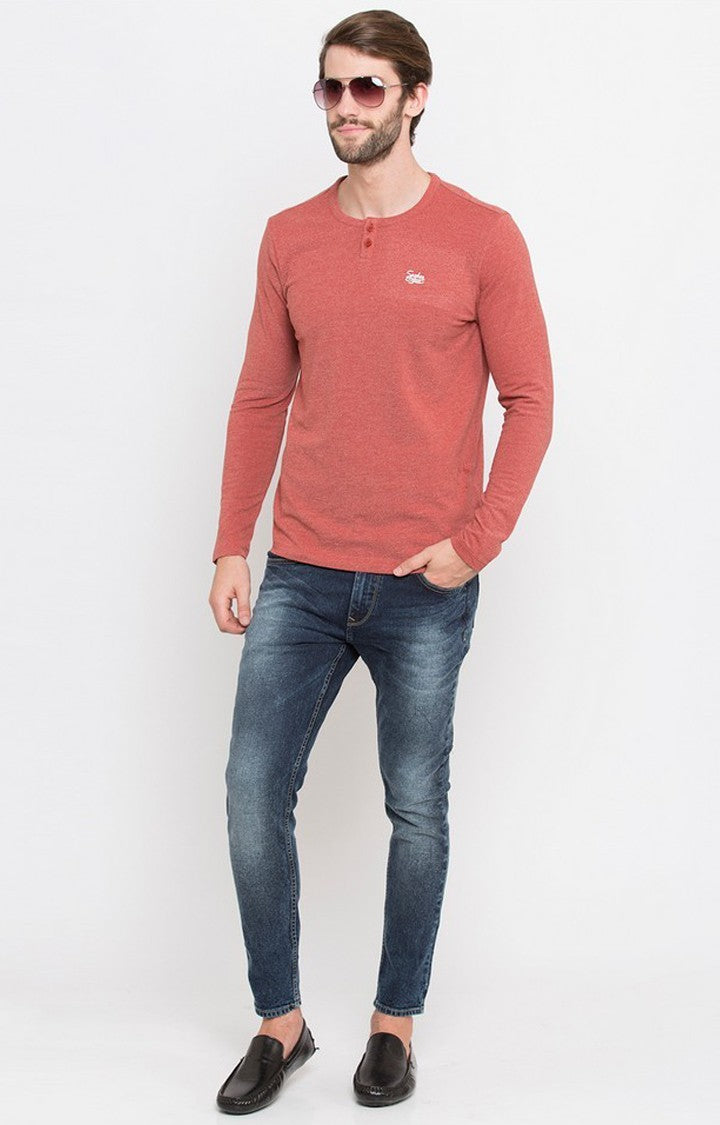 Spykar Red Melange Slim Fit Men T-Shirts