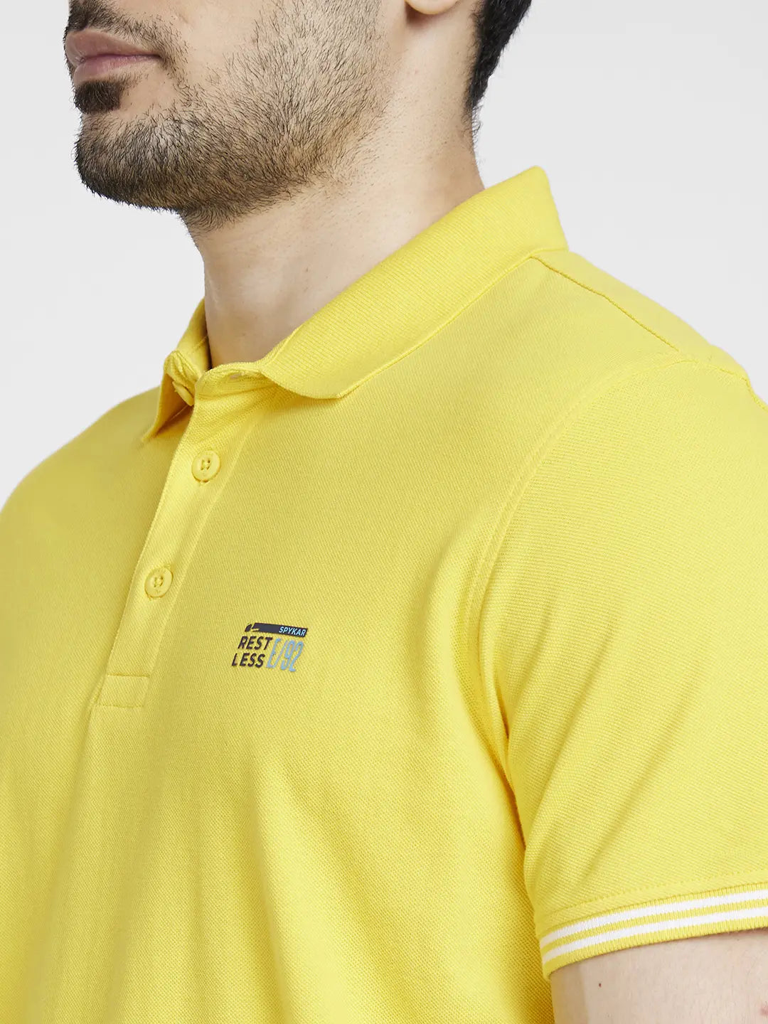 Spykar Men Yellow Cotton Slim Fit Plain Polo Tshirt