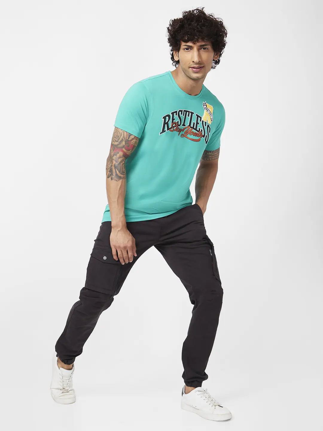 Spykar Men Sporty Green Blended Slim Fit Half Sleeve Round Neck Printed Tshirt