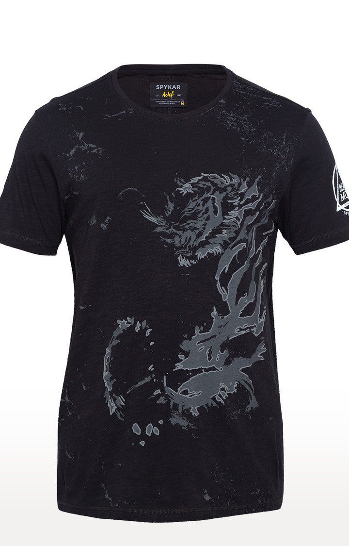 Spykar Black Printed Slim Fit Men T-Shirts