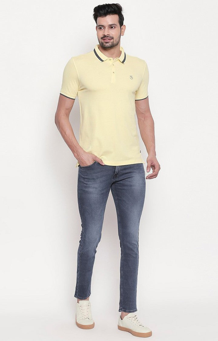 Spykar Men Yellow Cotton Slim Fit Polo T-Shirt