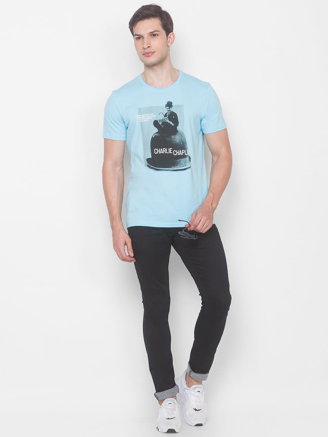 Charlie Chaplin Spykar Men Blue Cotton Slim Fit Round Neck T-Shirt