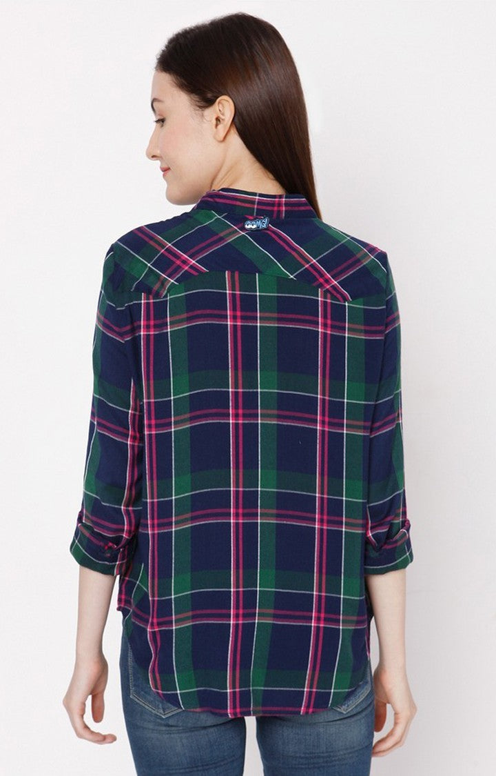 Spykar Women Navy Blue Cotton Regular Fit Checkered Shirt