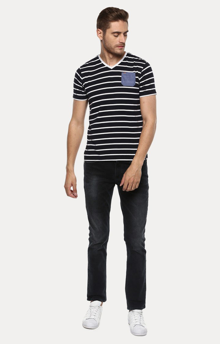 Spykar Navy Blue Striped Slim Fit Men T-Shirts