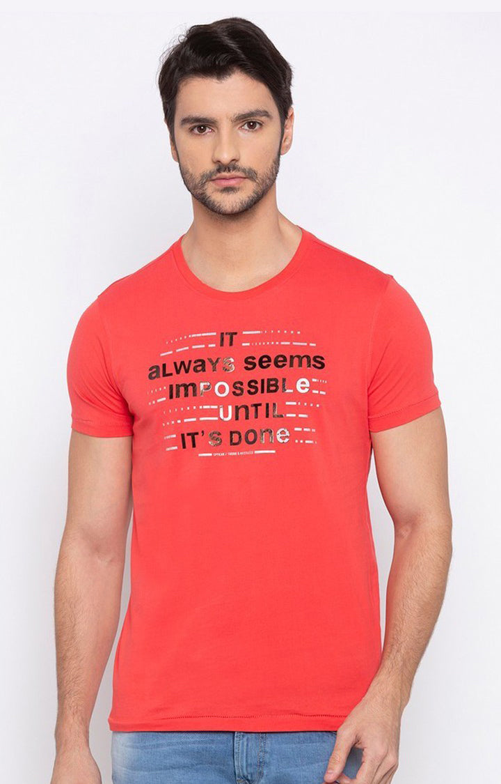 Spykar Men Orange Cotton Slim Fit Round Neck T-Shirt