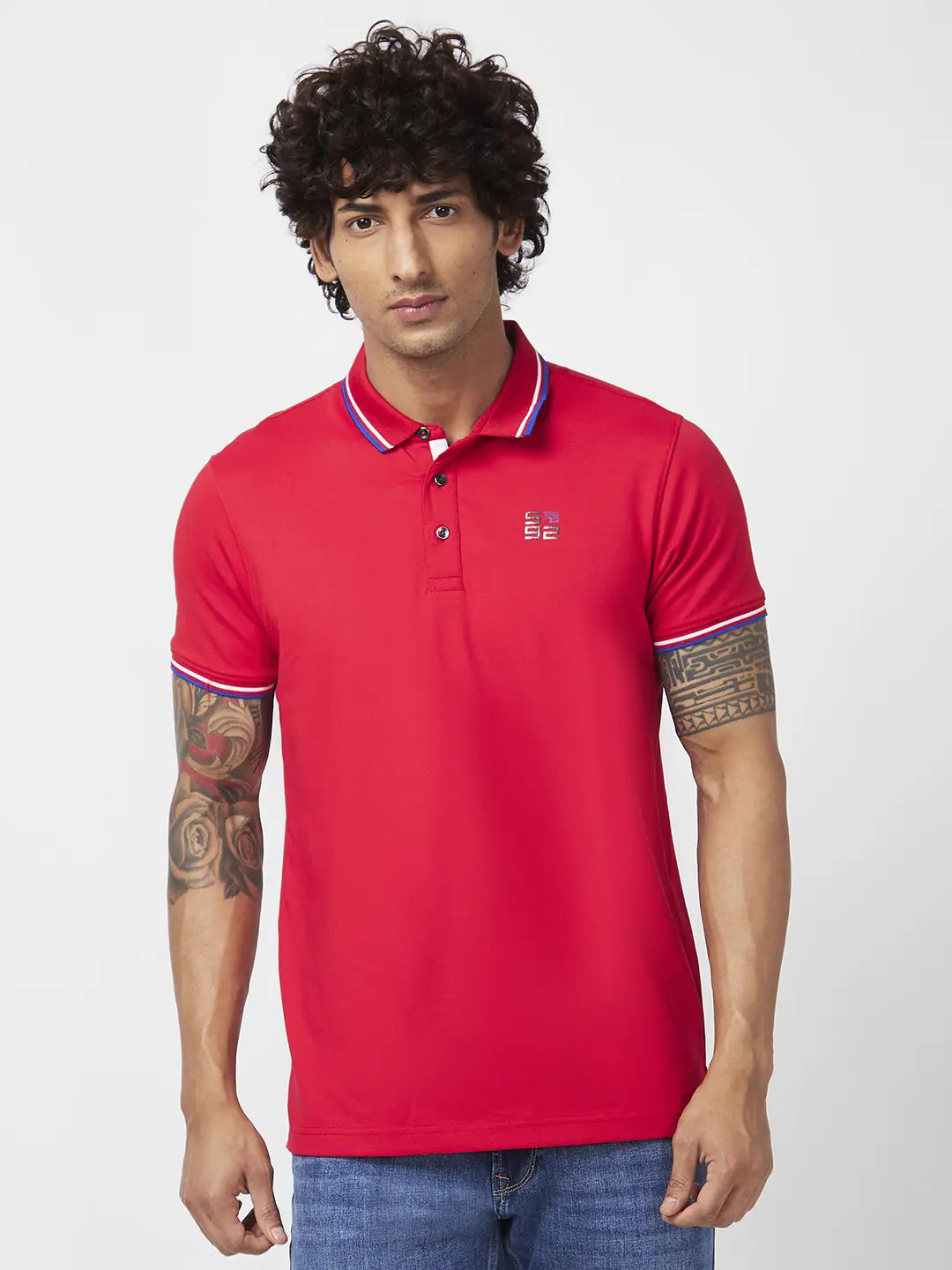 Spykar Men Deep Red Blended Slim Fit Half Sleeve Polo Neck Plain Tshirt