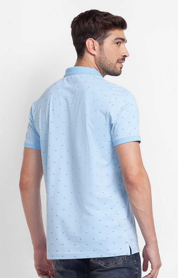 Spykar Powder Blue Cotton Half Sleeve Printed Casual Polo T-Shirt For Men