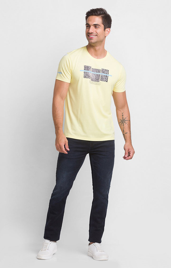 Spykar Butter Yellow Cotton Half Sleeve Printed Casual T-Shirt For Men