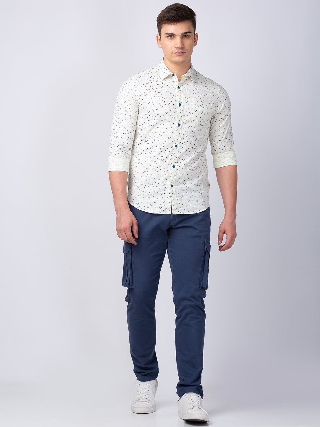 Spykar Men White Cotton Slim Fit Printed Shirt