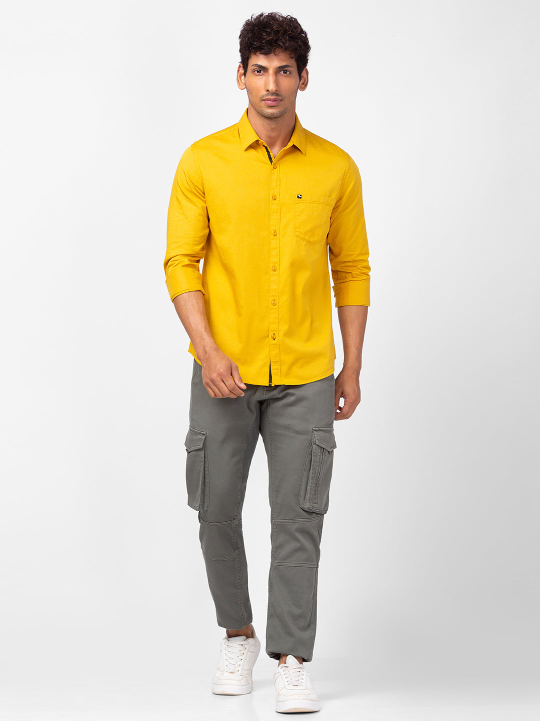 Spykar Men Mustard Yellow Cotton Slim Fit Plain Shirts