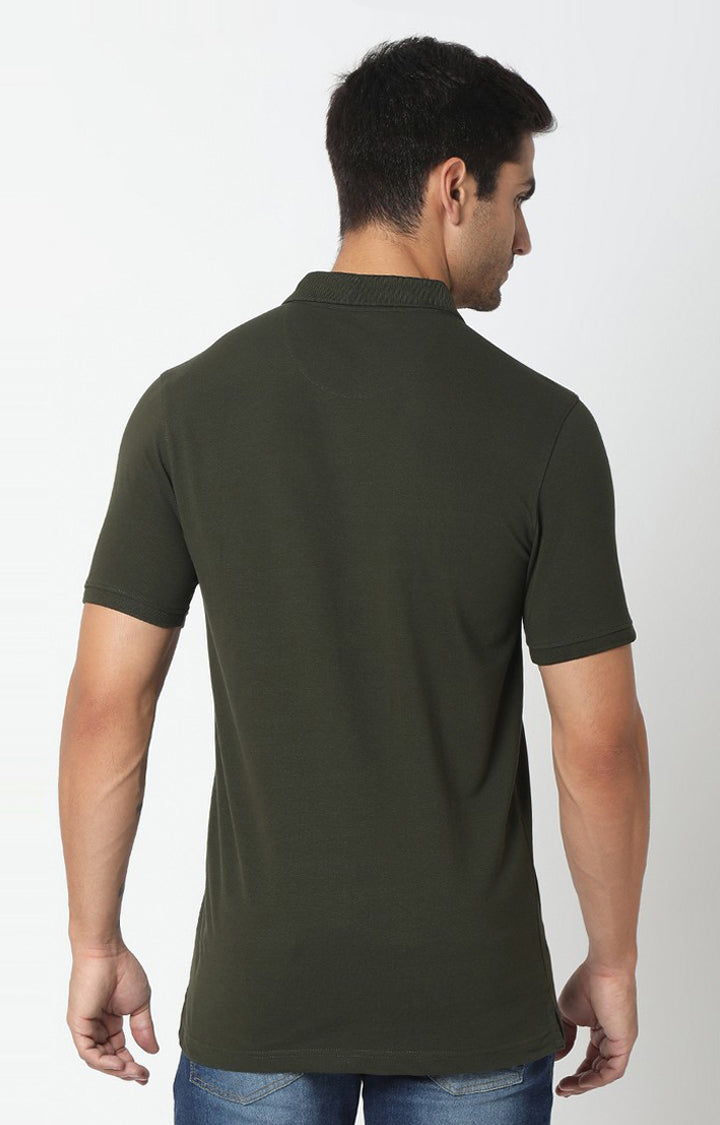 Spykar Rifle Green Cotton Half Sleeve Plain Polo T-Shirt For Men