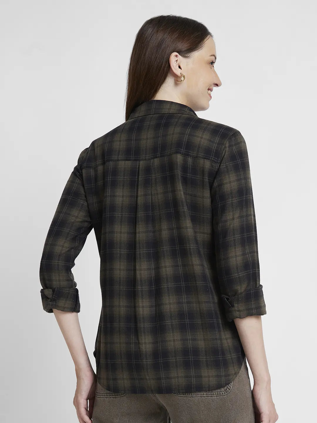 Spykar Women Olive Cotton Regular Fit Full Sleeve Checkered Shirt