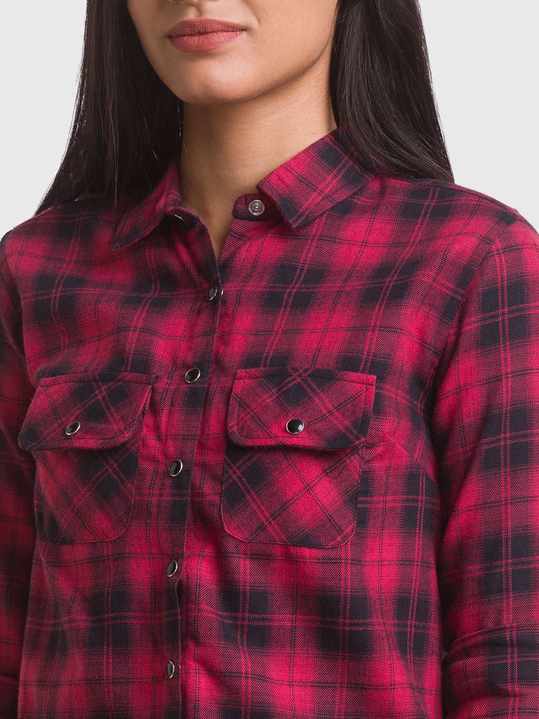 Spykar Red Cotton Full Sleeve Checks Shirts For Women