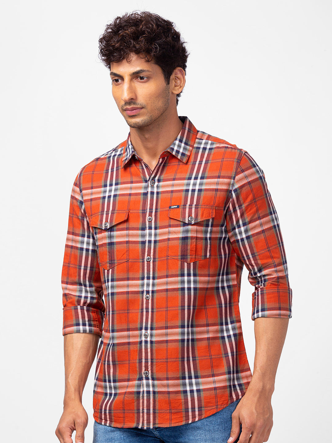 Spykar Men Rust Cotton Regular Fit Checkered Shirts