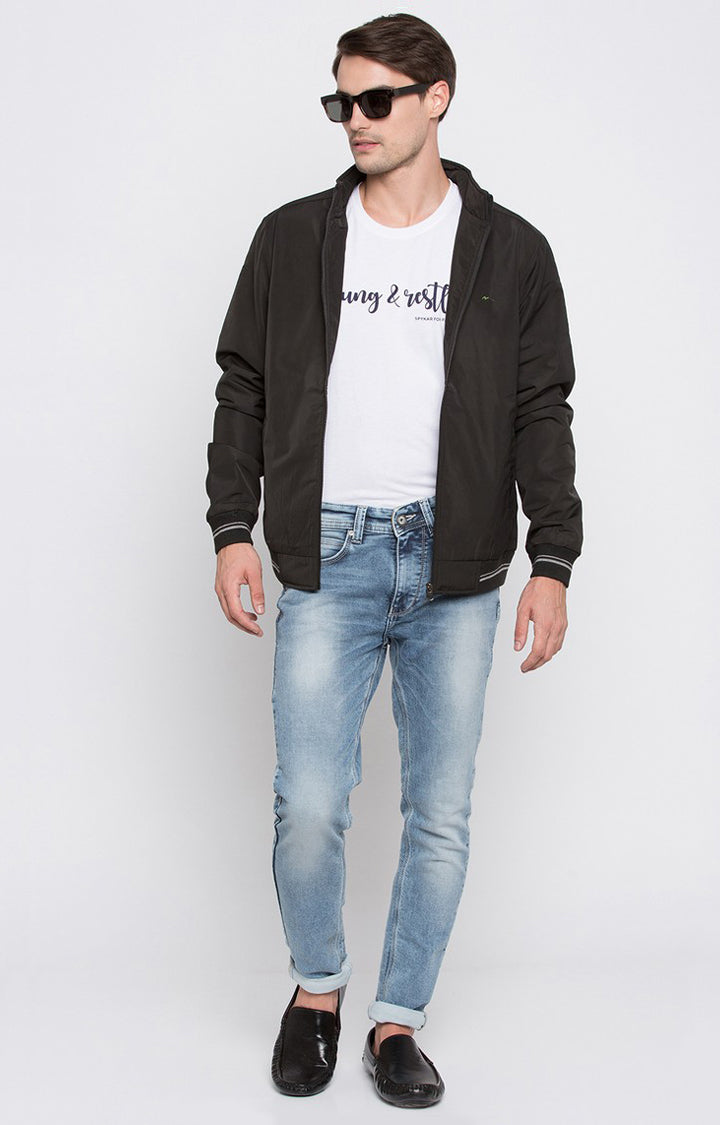 Spykar Men Black Solid Regular Fit Bomber Jacket