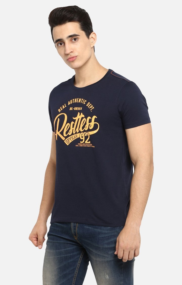 Spykar Navy Blue Printed Cotton Men T-Shirts