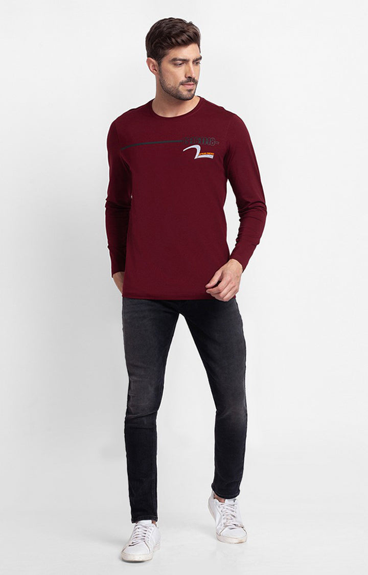 Spykar Wine Cotton Full Sleeve Printed Casual T-Shirt For Men