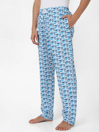 Men Premium White & Dark Blue Cotton Printed Pyjama - Underjeans By Spykar