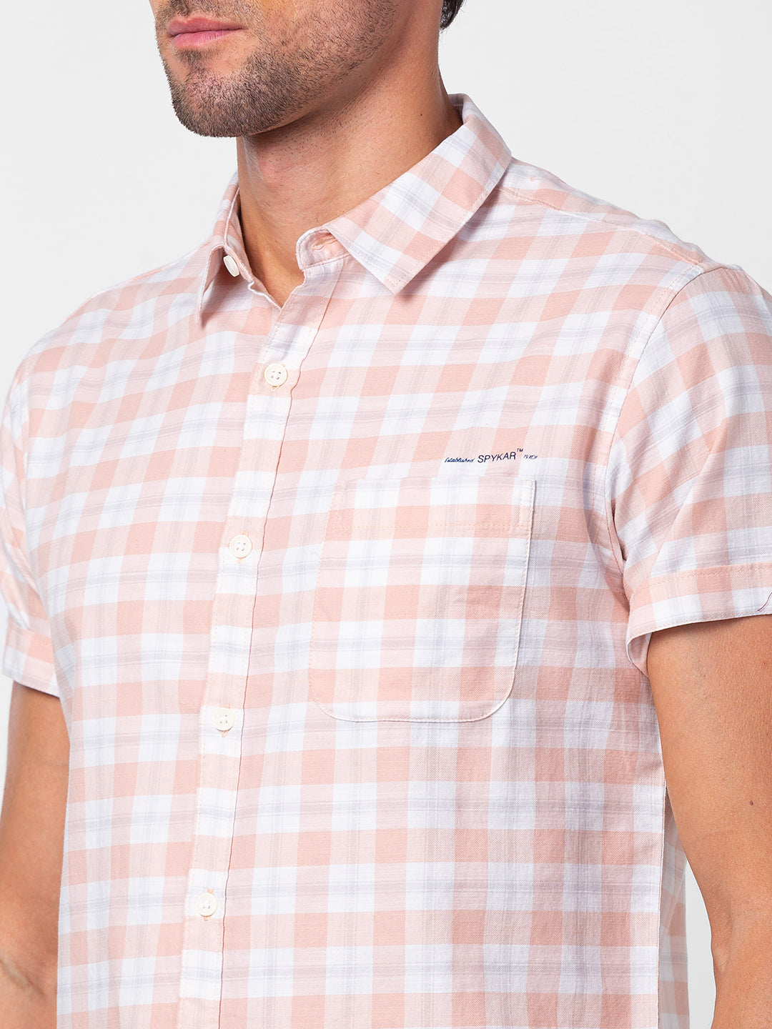 Spykar Men Peach Cotton Slim Fit Checkered Shirt