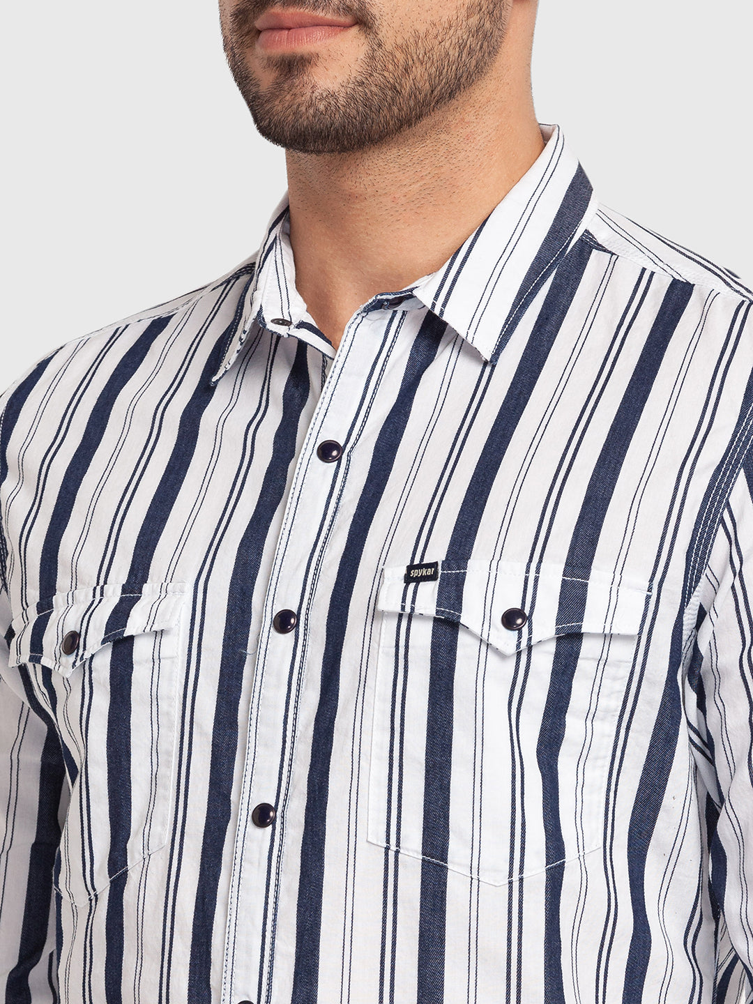 Spykar White Cotton Full Sleeve Stripes Shirt For Men