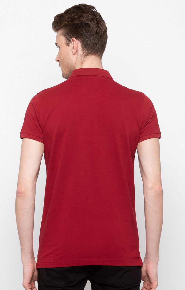 Spykar Red Solid Slim Fit Polo T-Shirt