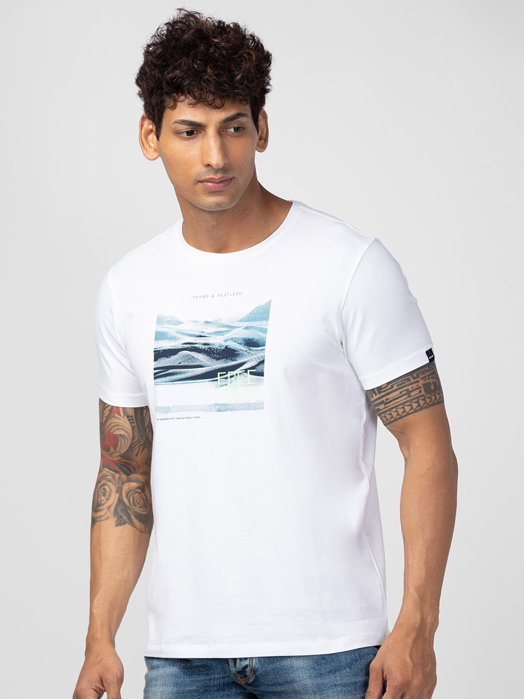 Spykar Men White Cotton Regular Fit Half Sleeve Printed T-Shirt