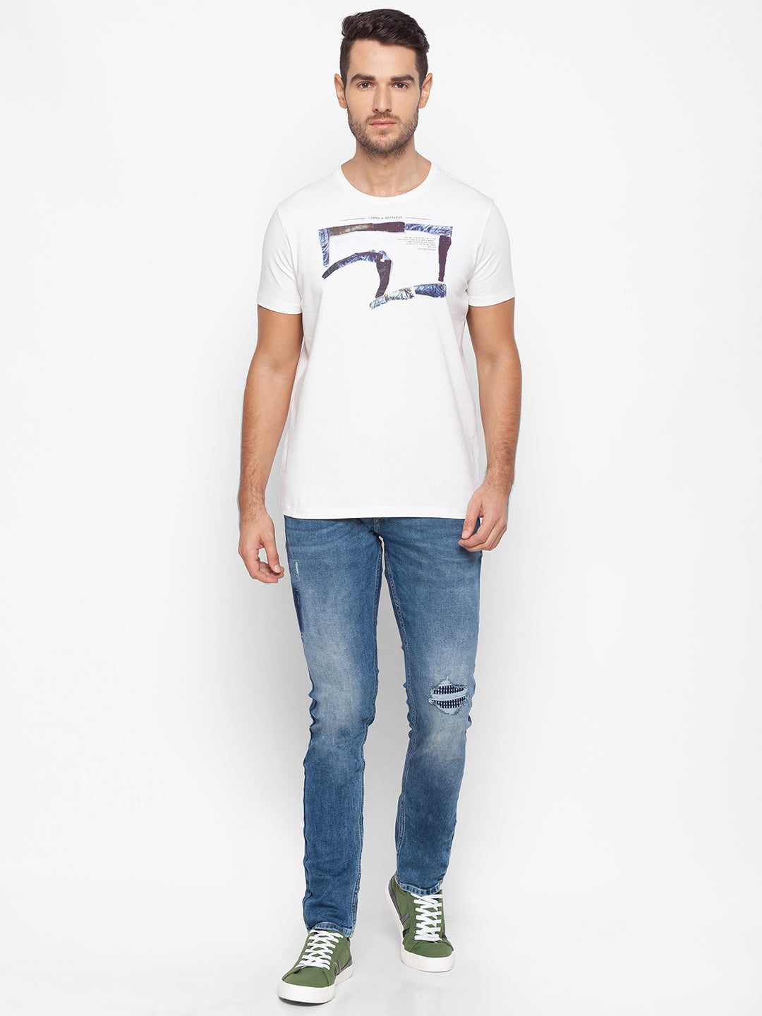 Spykar Men White Cotton Slim Fit Round Neck T-Shirt