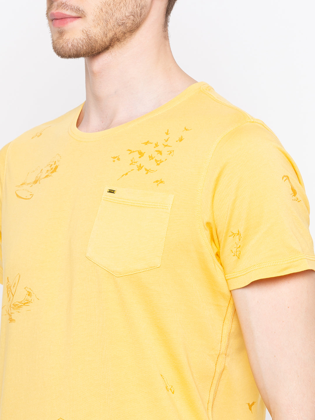 Spykar Yellow Cotton Slim Fit T-Shirt For Men