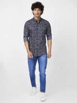 Spykar Men Dark Grey Poplin Regular Slim Fit Full Sleeve Causal Printed Shirt