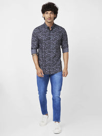 Spykar Men Dark Grey Poplin Regular Slim Fit Full Sleeve Causal Printed Shirt